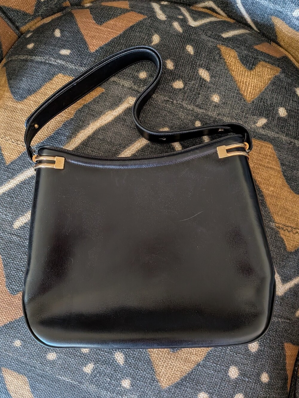 Vintage Handmade Black Luxury Patent Leather Structured Shoulder Bag Gold Bars